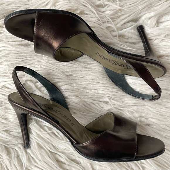 Yves Saint Laurent Vintage Bronze Brown Leather Slingback Heeled Sandals Sz 6.5 - Picture 6 of 12